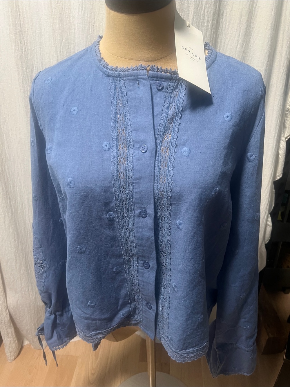 Blue Embroidered Button-Front Cotton Blouse
